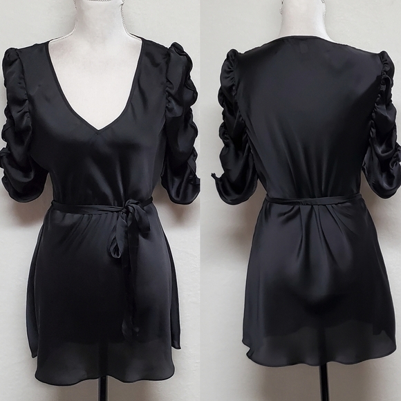 Spense Dresses & Skirts - SPENSE Semi-sheer Black Satin Plunging Neckline Ruced Quarter Sleeve Mini Dress
